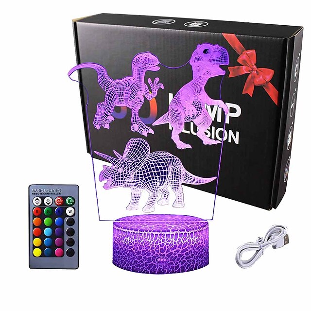  Dinosaur 3D Illusion LED Night Lamp Desk Lamp 3D Optical Illusion Visualization LED Night Lights Table Lamp 16 Colors 3D Illusion Lights Multicolored USB Power for Living Bed Room Bar Best Gift Toys