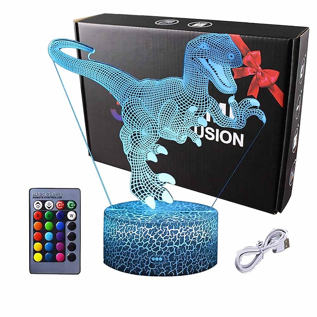  Dinosaur 3D Night Light Table Desk Lamp  16 Colors Optical Illusion Touch Control Lights with Acrylic Flat & ABS Base & USB Cable for Christmas Gift