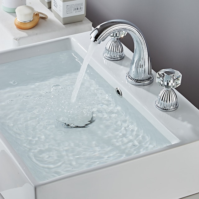  Widespread Bathroom Sink Faucet,Brass Two Handle Three Holes,Crystal Handle Bath Taps