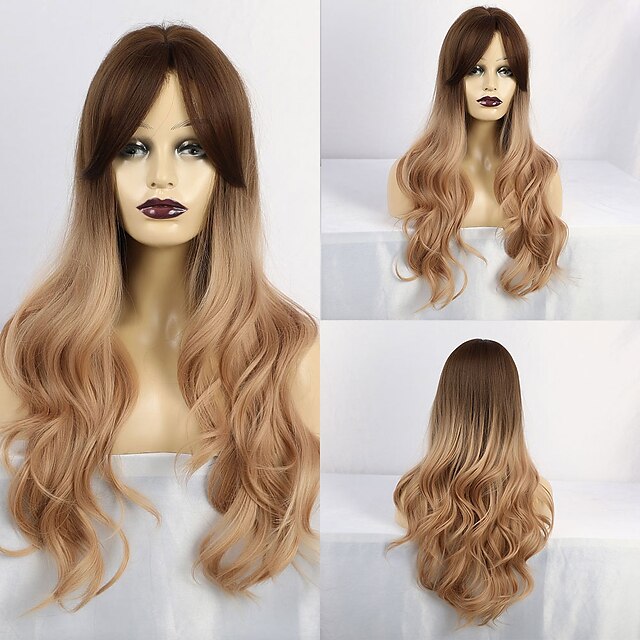  Synthetic Wig Curly Matte Middle Part With Bangs Wig Long Light Blonde Synthetic Hair 28 inch Women's Exquisite curling Blonde