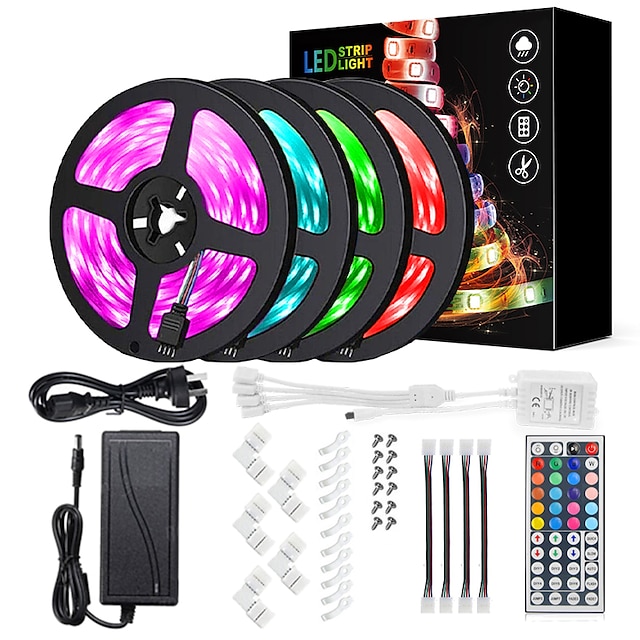  LED Strip Light Led Light Strip Kit Waterproof 20M(4x5M) 5050 10mm RGB 600 LEDs Strip Lights with 44Key IR Remote Controller Kit and 12V 10A EU US AU UK Power Supply with A set Mounting Bracket