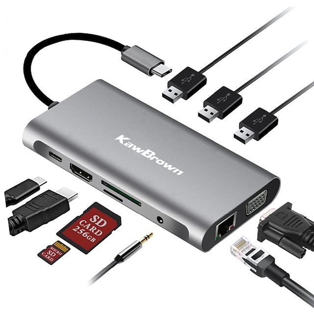  KawBrown Højhastighed Med Kortlæser (e) Support Power Delivery-funktion USB 3.0 USB C til HDMI 1.4 VGA USB 3.0 USB 3.0 USB C RJ45 3,5 mm lyd SD Kort TF kort USB-hub 10 Havne Til Windows, pc, bærbar