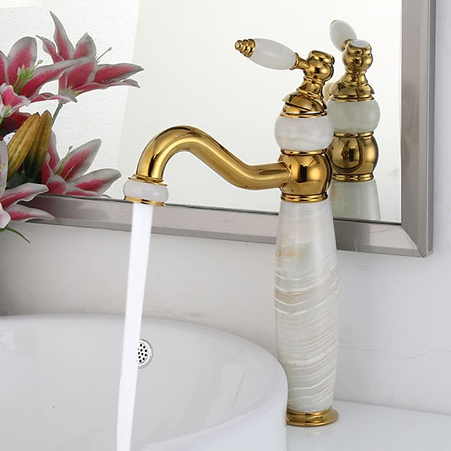  Bathroom Sink Faucet Ultra Faucets Euro Collection Gold with Stone Single Handle - One Hole Tall Body Deck Mount Lavatory Vessel Sink Faucet With Curved Spout