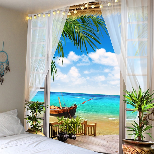  Window Landscape Large Wall Tapestry Art Decor Blanket Curtain Picnic Tablecloth Hanging Home Bedroom Living Room Dorm Decoration Polyester Sea Ocean Beach Palm