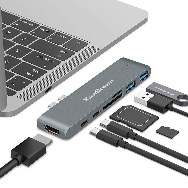  KawBrown 7 in 1USB Hub Docking USB 3.0 PD Quick Charge Thunderbolt 3 SD TF Reader 4K HD HDMI Adapter For MacBook
