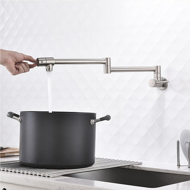 Pot Filler Kitchen Faucet Brushed Nickel, Foldable Sink Only Cold Water Taps, Wall Mount Brass Folding Fill Pot Kitchen Tap Double Joint Swing Arm Single Hole 2 Handle 7
