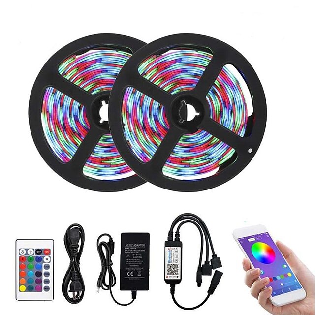  Bluetooth LED Strip Lights RGB Tiktok Lights 2835 10M (2 x 5M) 600 LEDs Smart-Phone Controlled Waterproof for Home Outdoor Decoration 12V 6A Adapter