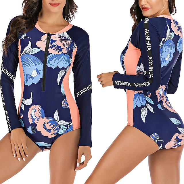  Women's One Piece Swimsuit Elastane Swimwear Quick Dry Breathable Long Sleeve Front Zip - Swimming Surfing Water Sports Floral / Botanical Autumn / Fall Spring Summer / Stretchy