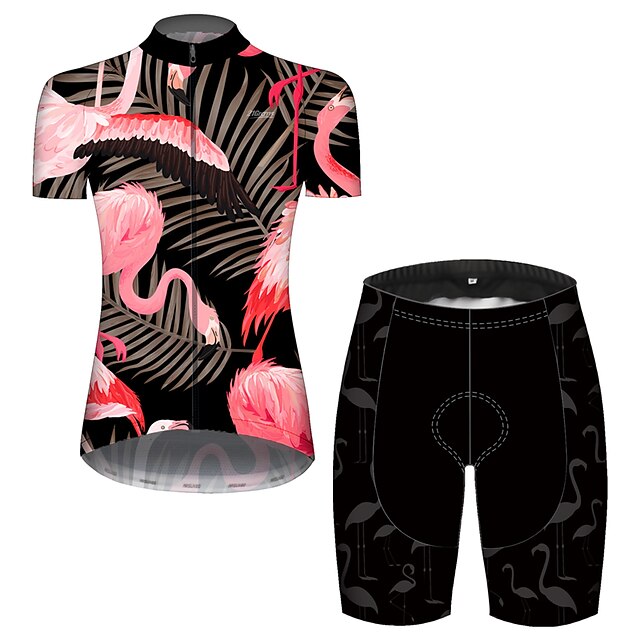  21Grams Women's Short Sleeve Cycling Jersey with Shorts Summer Black / Red Flamingo Floral Botanical Animal Bike Clothing Suit 3D Pad Ultraviolet Resistant Quick Dry Breathable Reflective Strips