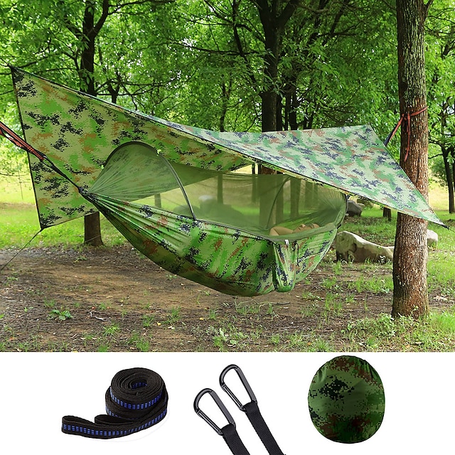  Double Hammock Camping Hammock with Pop Up Mosquito Net Hammock Rain Fly Camping Tarp Outdoor Waterproof Sunscreen Anti-Mosquito Heavy Duty Parachute Nylon with Carabiners and Tree Straps for 2 person