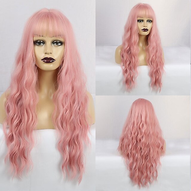  Synthetic Wig Wavy Matte Neat Bang Wig Long Pink+Red Synthetic Hair 28 inch Women's Fashionable Design curling Pink
