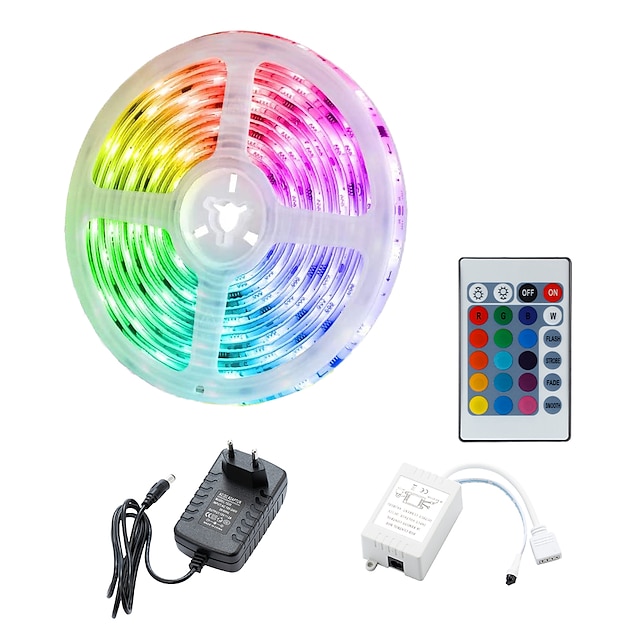  zdm 5m led stripelys fleksible rgb tiktok lys 300 x 2835 8mm ir 24 nøkkel fjernkontroll med eu us 12v 2a strøm ac100-240v