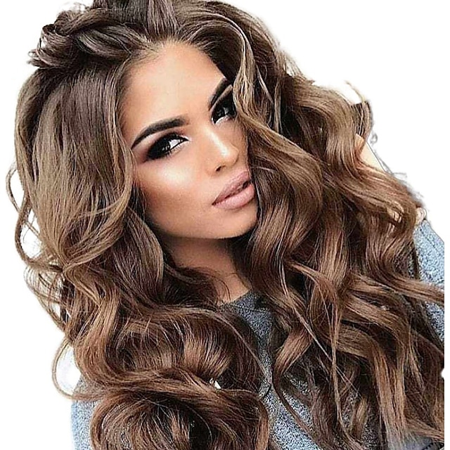  mørkebrune parykker for kvinner syntetisk parykk body wave asymmetrisk parykk kort veldig langt brunt syntetisk hår 26 tommer krølling fluffy brun