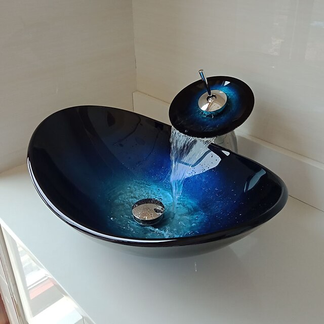 Boat Shape Blue Tempered Glass Vessel Sink with  Pop - Up Drain and Mounting Ring