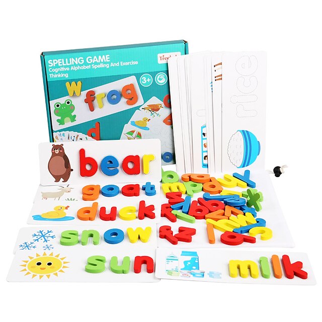  Educatieve geheugenkaartjes Educatief speelgoed Letter Spelling Brief lezen spel Geheugen verbeteren Hout Kinderen Peuter Schattig Kits Non Toxic 52 pcs 3-6 Y