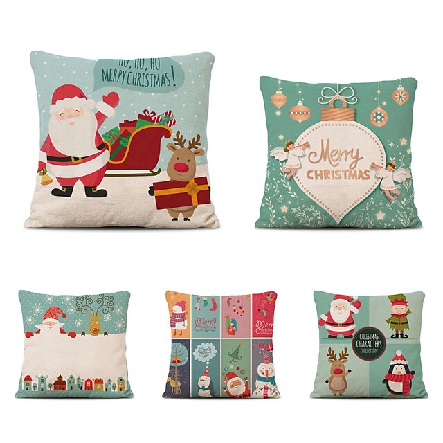  Set of 5 Linen Cotton Pillow Cover Holiday Christmas Modern Christmas Throw Pillow