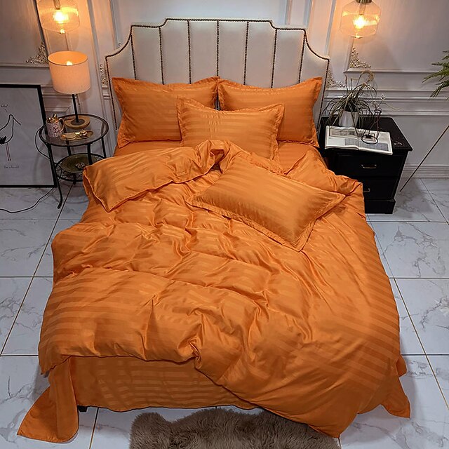  Luxury Satin Strip Silky 4-Piece Bed Sheet Set Duvet Cover Set