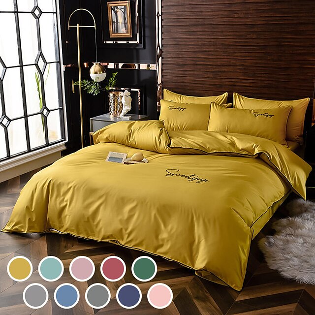  Simple european-style washed silk cotton bedding embroidery 4-piece set of single and double plain color