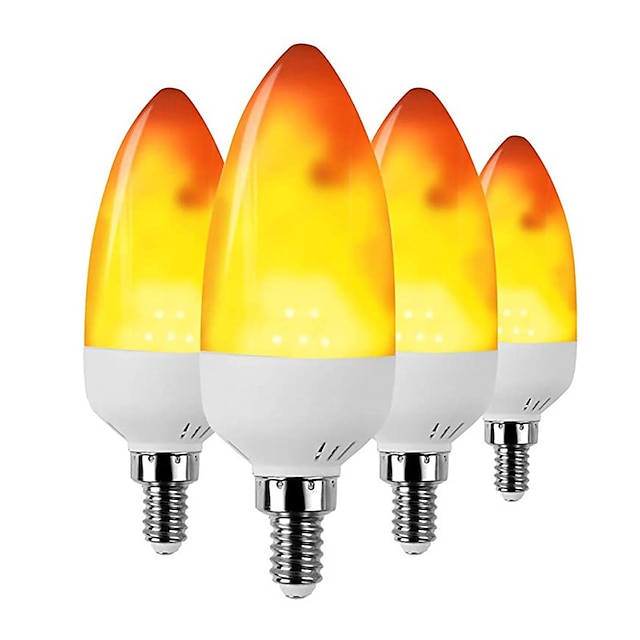  4 peças led lâmpada de chama de fogo e12 c35 3 w branco quente lâmpadas de lustre led sem chama cintilante para eventos festival decoração de férias de natal 3 modos