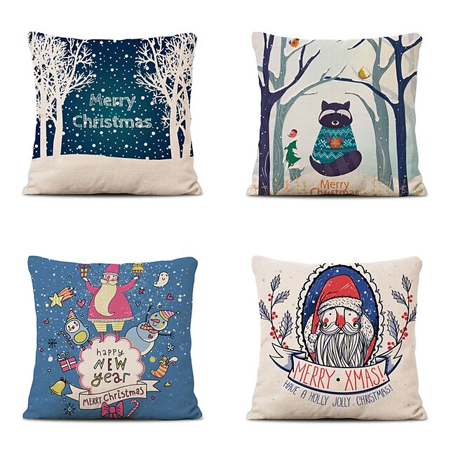  Set of 4 Christmas Pillow Covers Cotton Linen Santa Tree Reindeer Holiday Christmas Decoration
