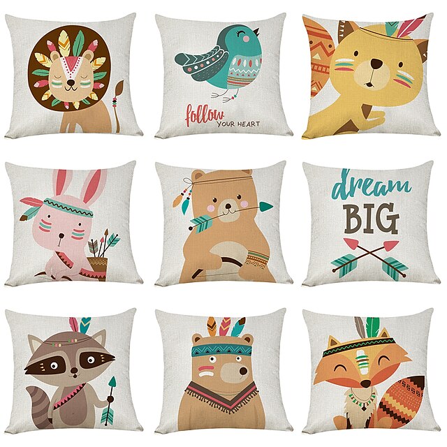  9 pcs Linen Pillow Cover, Cartoon Animals Casual Modern Square Traditional Classic