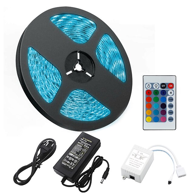  5m Faixas de Luzes LED Flexíveis Conjuntos de Luzes Faixas de Luzes RGB LEDs 5050 SMD 10mm Controlo Remoto Cortável Regulável 12 V / Conetável / Auto-Adesivo / IP44