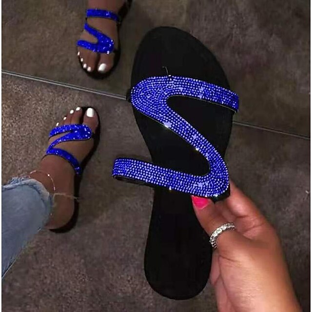  Women's Sandals Boho / Beach Glitter Crystal Sequined Jeweled Flat Sandals Flat Heel Round Toe Casual Sexy Daily Rhinestone Solid Colored PU Summer Black / Blue / Pink