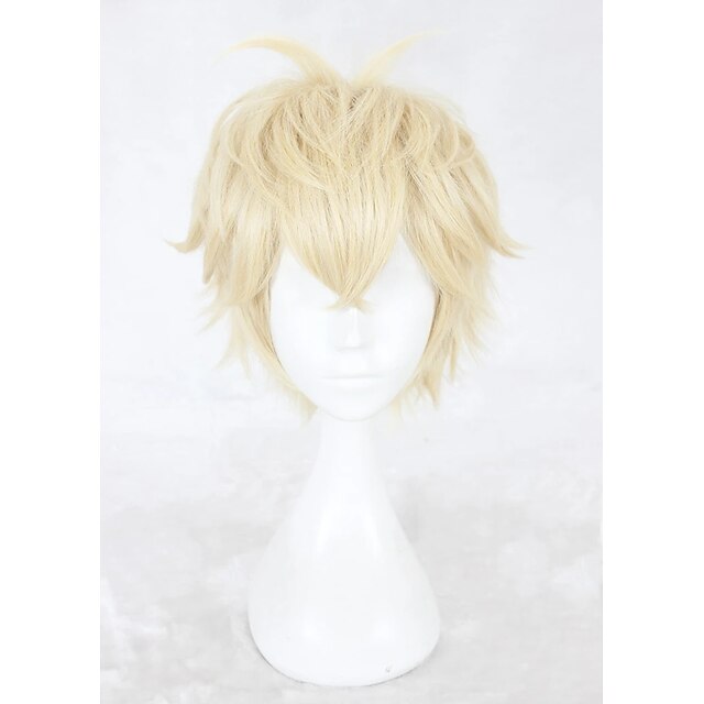  Cosplay  Wig Cosplay Wig Zhou Qiluo Game Love and producer Curly Cosplay With Bangs Wig Blonde Short Blonde Synthetic Hair 12 inch Men‘s Anime Cosplay Easy to