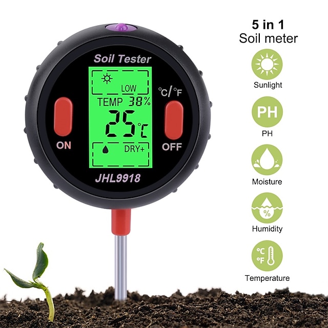  5 in 1 Digital PH Meter Soil Water Moisture Monitor Temperature Humidity Analysis Sunlight Tester for Gardening Plants Farming