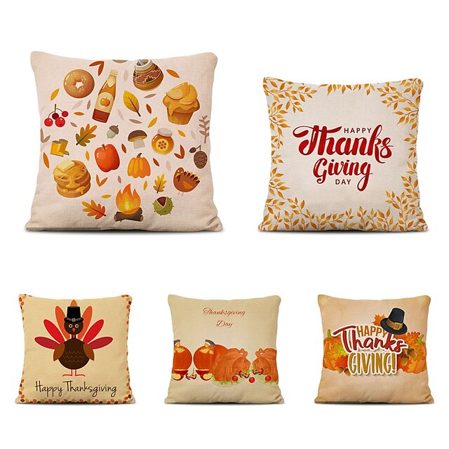  Set of 5 Thanksgiving Linen Square Decorative Throw Pillow Cases Sofa Cushion Covers