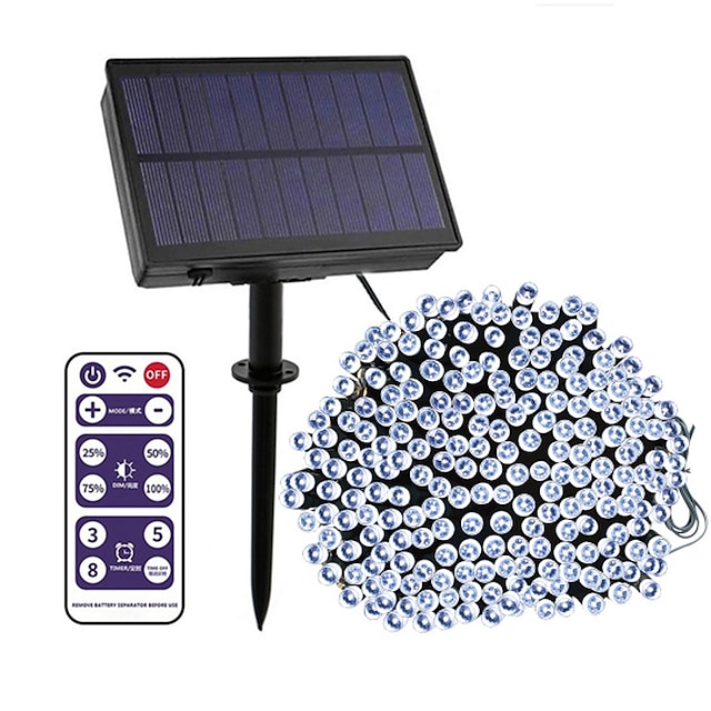  Guirlande lumineuse solaire d'extérieur 100 m avec télécommande, 800 LED, 8 modes, intensité variable&minuterie, lumières de jardin de Noël étanches en blanc chaud, blanc& bleu