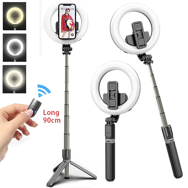  Portable bluetooth selfie bâton trépied extensible pliable monopode lumière 90cm selfie bâton avec téléphone portable universel