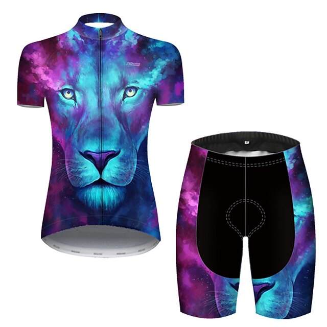  21Grams Women's Short Sleeve Cycling Jersey with Shorts Summer Nylon Polyester Blue Gradient Lion Funny Bike Clothing Suit 3D Pad Ultraviolet Resistant Quick Dry Breathable Reflective Strips Sports