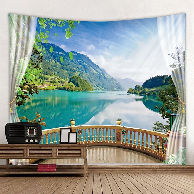  Window Landscape Large Wall Tapestry Art Decor Blanket Curtain Picnic Tablecloth Hanging Home Bedroom Living Room Dorm Decoration Polyester Lake Rive Forest Mountain