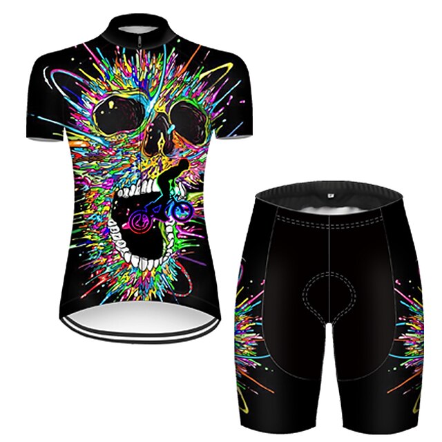  21Grams Women's Short Sleeve Cycling Jersey with Shorts Summer Nylon Polyester Black / Blue Gradient Sugar Skull 3D Bike Clothing Suit 3D Pad Ultraviolet Resistant Quick Dry Breathable Reflective