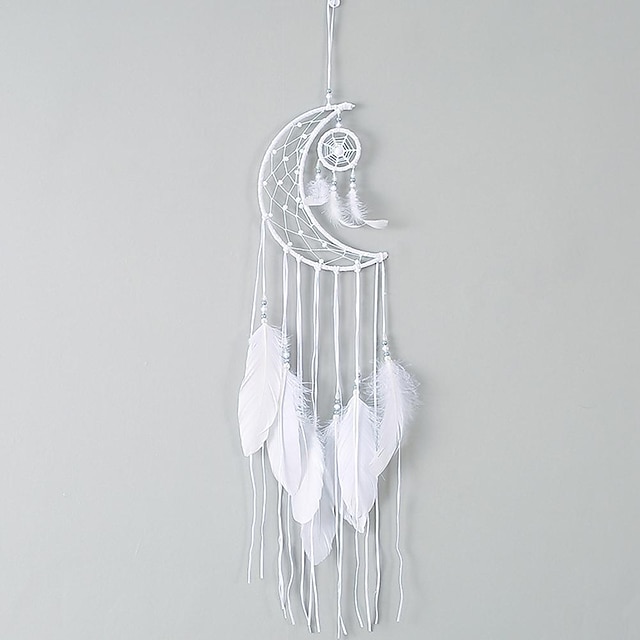  ονειροπαγίδα σε σχήμα μηνίσκου χειροποίητο δώρο φτερό φούντα φεγγάρι επιτοίχια διακόσμηση τέχνη λευκό 75*20cm