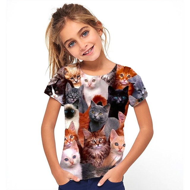  Lapset Tyttöjen T-paita Lyhythihainen Musta Kissa 3D-tulostus Kissa Eläin Painettu Perus söpö tyyli