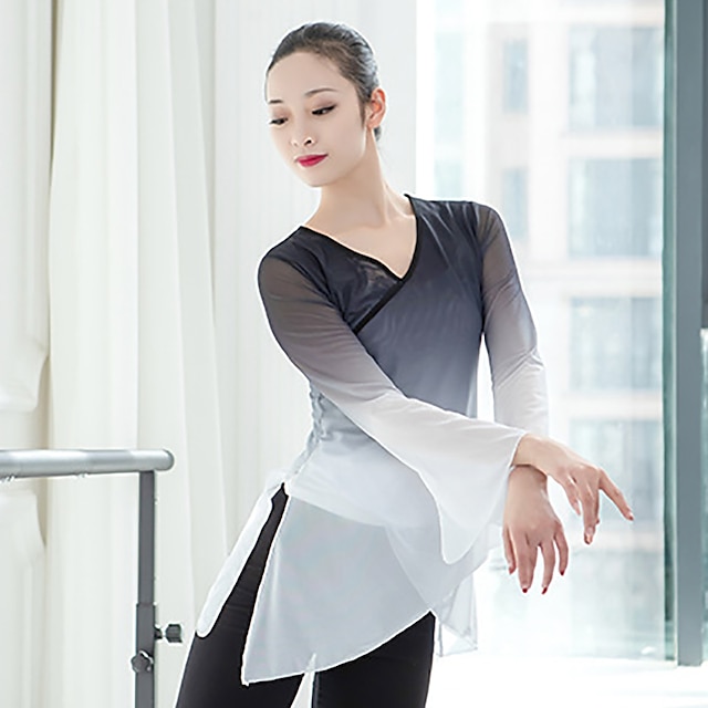  andningsbar balett topp delad träningsprestanda för kvinnor långärmad hög stretchgarn polyester