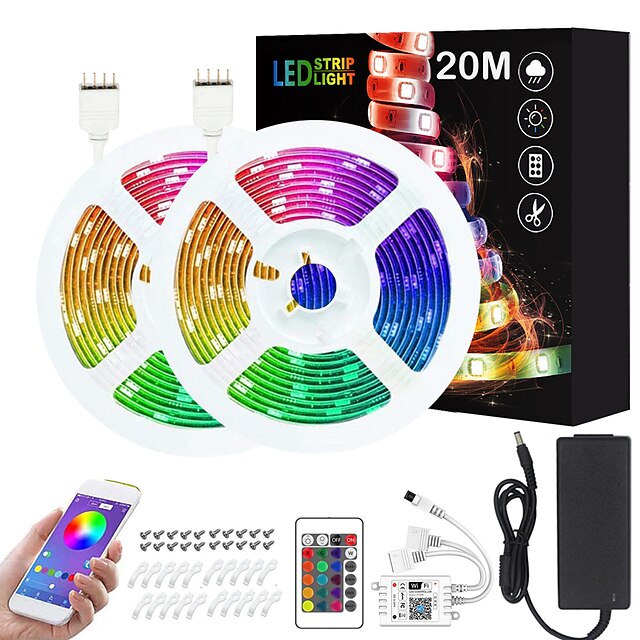  2x10M 24V Intelligent Dimming App Control Flexible Led Strip Lights 5050 Waterproof RGB SMD 600 LEDs IR 24 Key Controller with Installation Package  Kit DC24V
