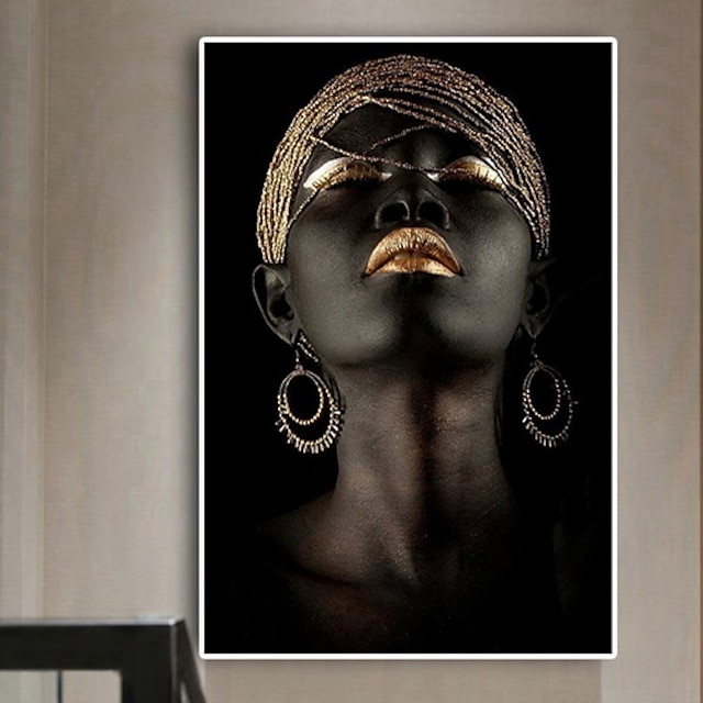  ウォールアートキャンバスプリントポスター絵画アートワーク画像アフリカンアメリカンゴールドイヤリングネックレスブラックかわいい女の子家の装飾装飾ロールキャンバスフレームなしフレームなしストレッチなし