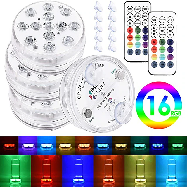 Underwater Submersible LED Pool Pond Lights 1/2/4 Packs with Remote RF Waterproof with Magnets Suction Cups Color Changing Fountain Lights Battery Operated 13