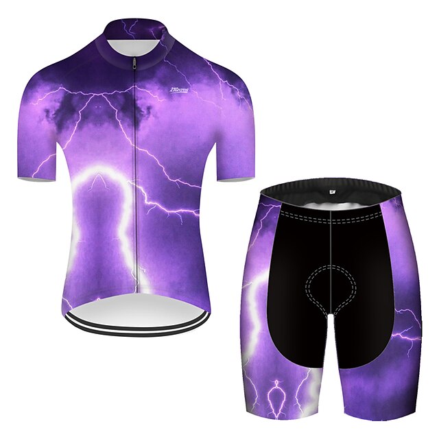  21Grams Men's Short Sleeve Cycling Jersey with Shorts Summer Nylon Polyester Violet Lightning Gradient 3D Bike Clothing Suit 3D Pad Ultraviolet Resistant Quick Dry Breathable Reflective Strips Sports
