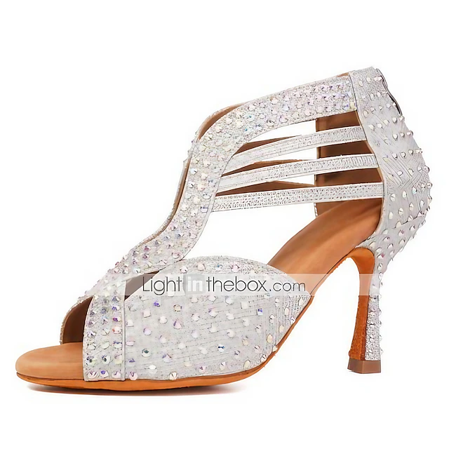 Silver Rhinestone Latin Dance Shoes for Women – Sparkly Strappy High Heel Ballroom Performance Sandals for Salsa, Bachata, Party, Competition 16