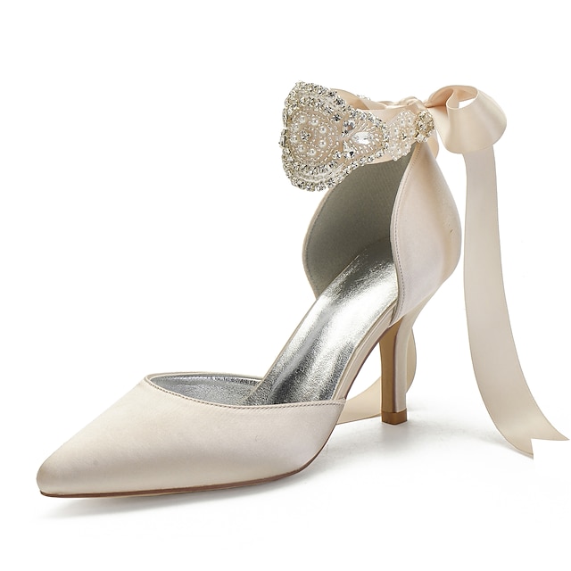  Mujer Zapatos de boda Escarpines Zapatos De Vestir Tacones con tira al tobillo Zapatos de novia Pedrería Cristal Perla de Imitación Tacón de Aguja Dedo Puntiagudo Sensual Satén Cordones Plata Negro