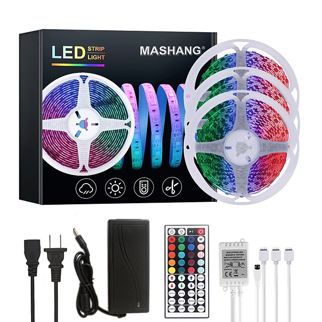  mashang 15m(3 * 5m)ledストリップライトrgb tiktokライト900leds柔軟な色変更smd 5050 44キーirリモートコントローラーとホームベッドルームキッチンテレビバックライト用DIYデコ