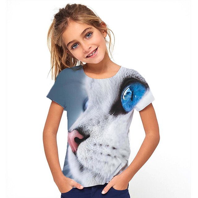  Kids Girls' T shirt Tee Short Sleeve Cat Animal Print Light Blue Children Tops Basic Cute
