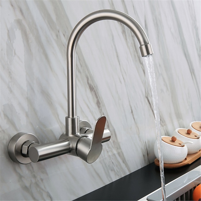  台所の蛇口、ステンレス鋼の回転可能な壁に取り付けられたシングルハンドル、ホットとコールドのスイッチ付きの2つの穴のキッチンタップ