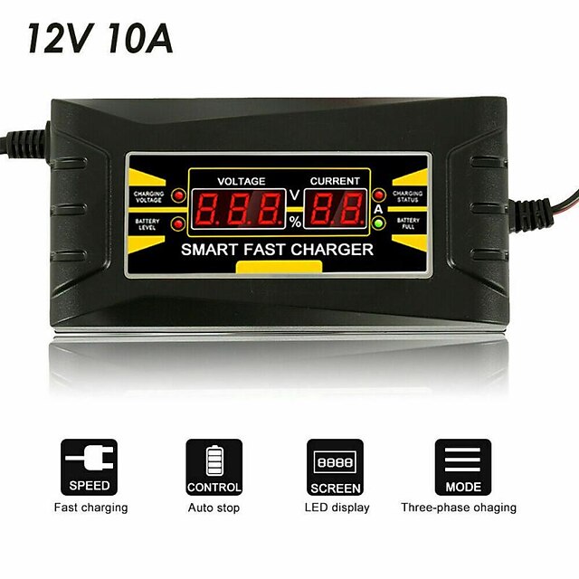  12V 10A 110V-240V car battery charger smart charger for fast charging suitable for motorcycle LCD display auto parts