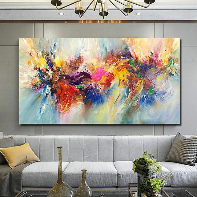 Oil Painting Hand Painted Horizontal Panoramic Abstract Floral / Botanical Modern Stretched Canvas / Rolled Canvas 8