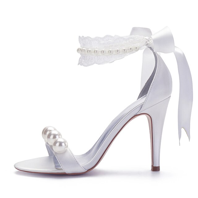  Women's Wedding Shoes Wedding Party & Evening Solid Colored Wedding Sandals Summer Imitation Pearl Lace Lace-up Pumps Open Toe Sexy Preppy Roman Shoes Satin Lace-up White Ivory